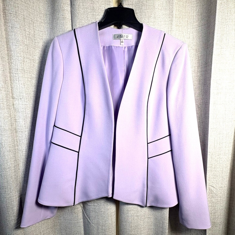 Kasper Women Lavender Purple Black Piping Open Front Blazer Jacket Size 14 NWT